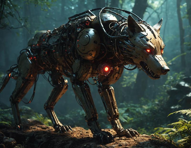 16670-501592037-((((cybernetic))) machine wolf made of metal) marching across a jungle planet, clockwork, glowing red eyes, Elegant, intricately.png